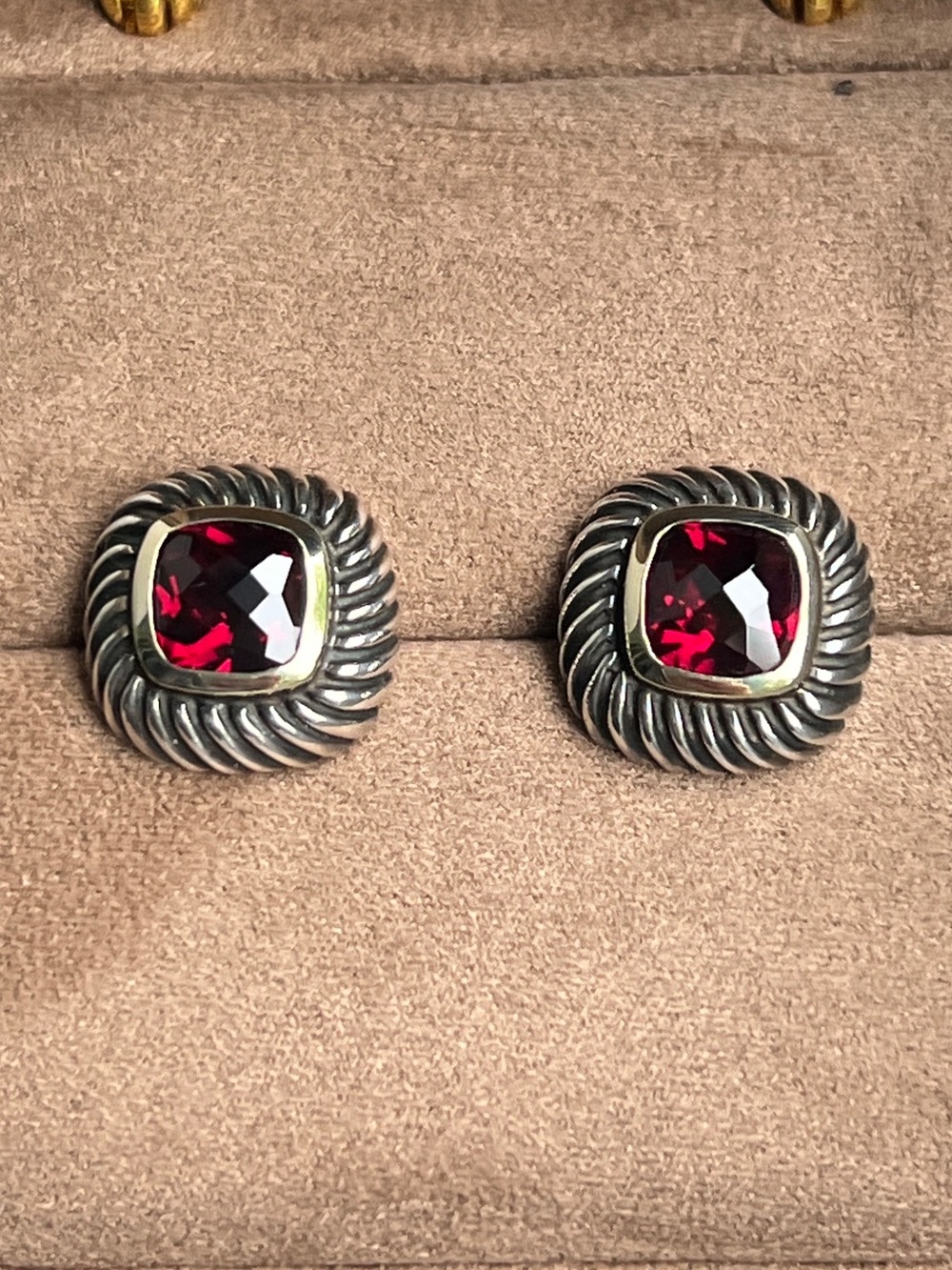 David Yurman 14K Yellow Gold and Sterling  Vintage Albion Red Garnet Earrings